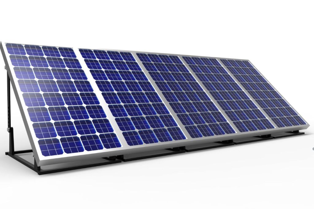 A solar panel displayed against a plain white background, showcasing its sleek design and photovoltaic cells.